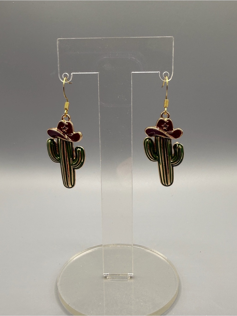 Cactus Cowboy Hat Dangle Earrings - Green & Brown - Handmade #E0460C
